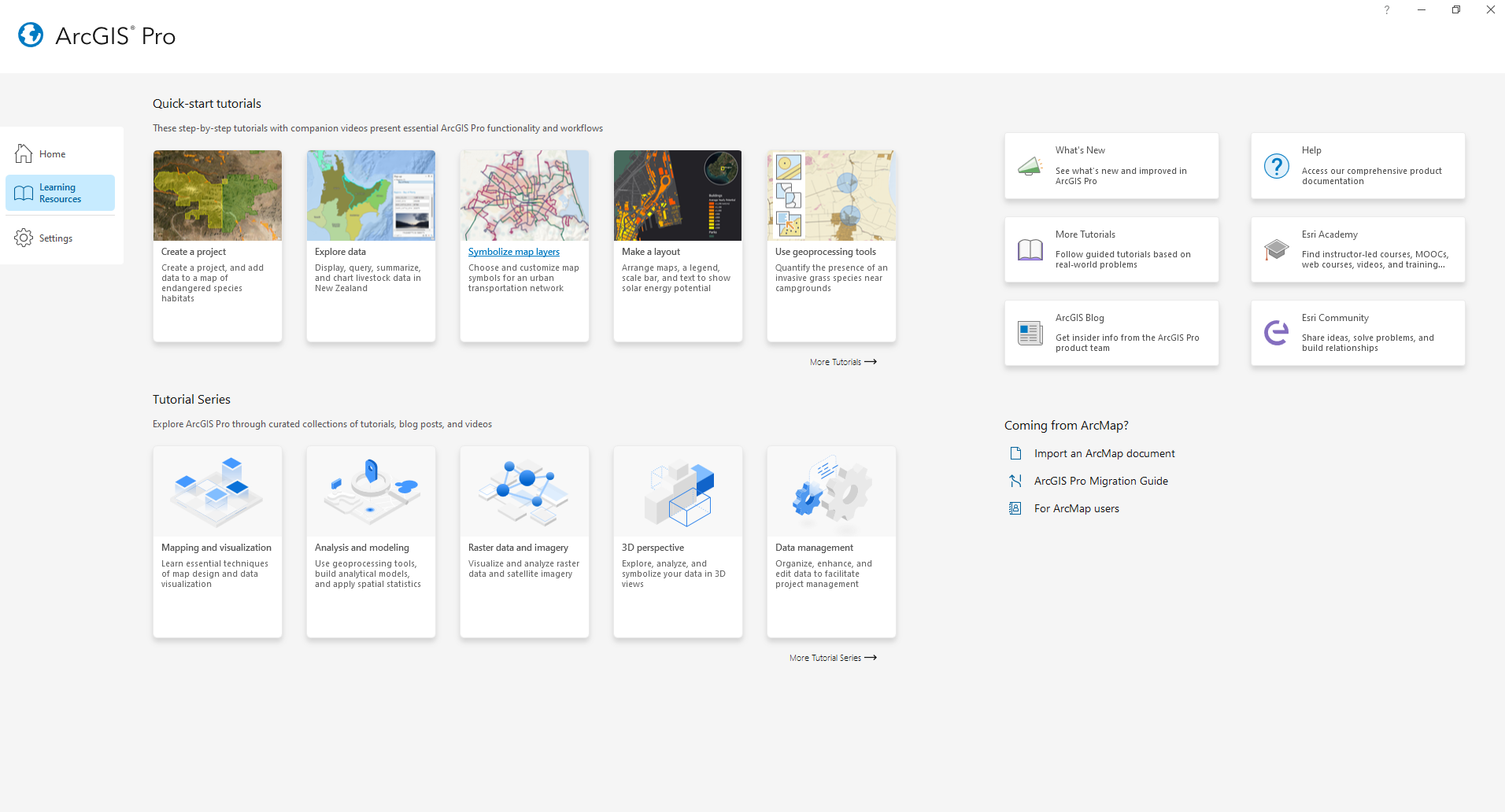 ArcGIS pro start page