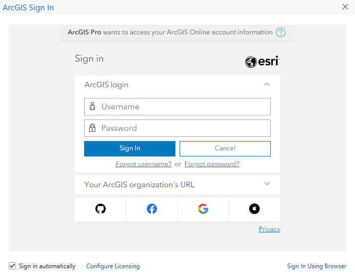 ArcGIS pro sign in window