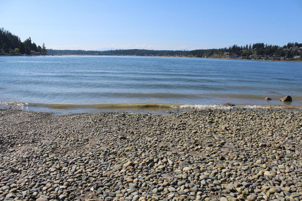 Waves breaking at the Fox Island boat launch with Shaws Cove in the background, animated.