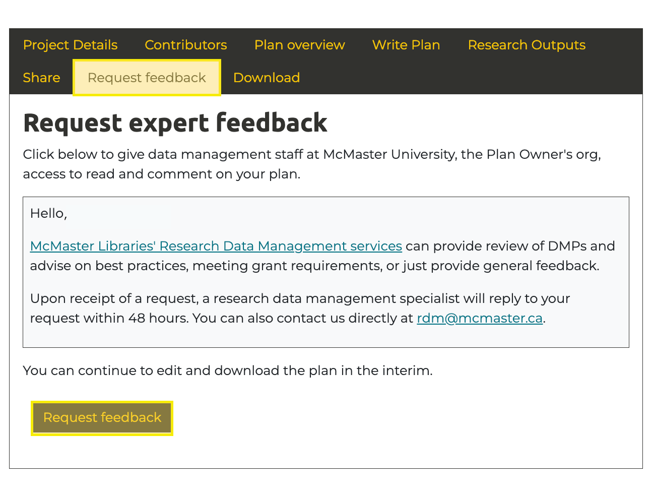 request feedback button