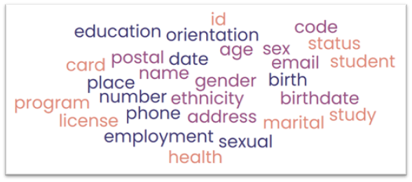 word cloud showing de-idenifiable elements