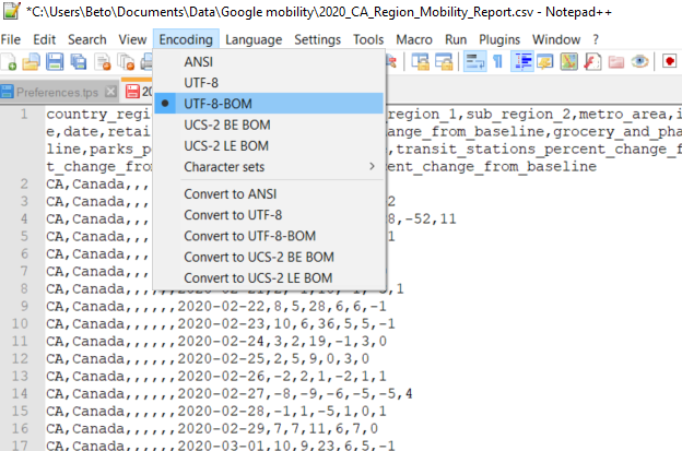 Window showing encoding change in Notepad++