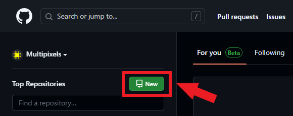 Image of GitHub website with arrow pointing to new repository button