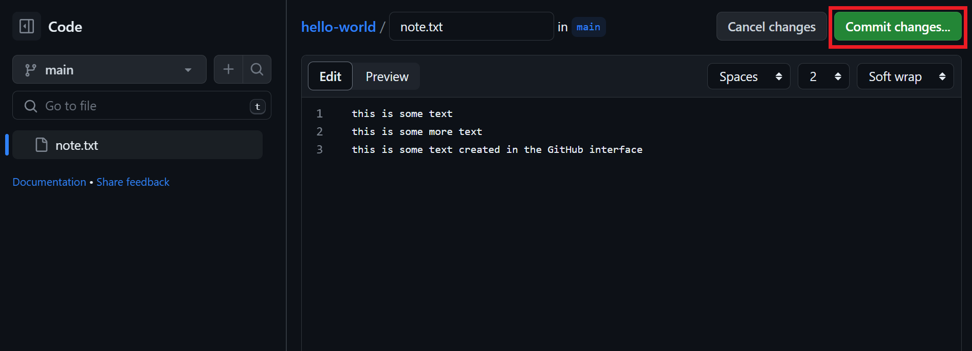 editing note.txt file in github interface