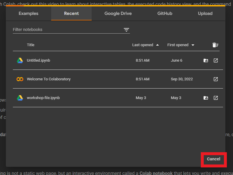 google colab recent files popup