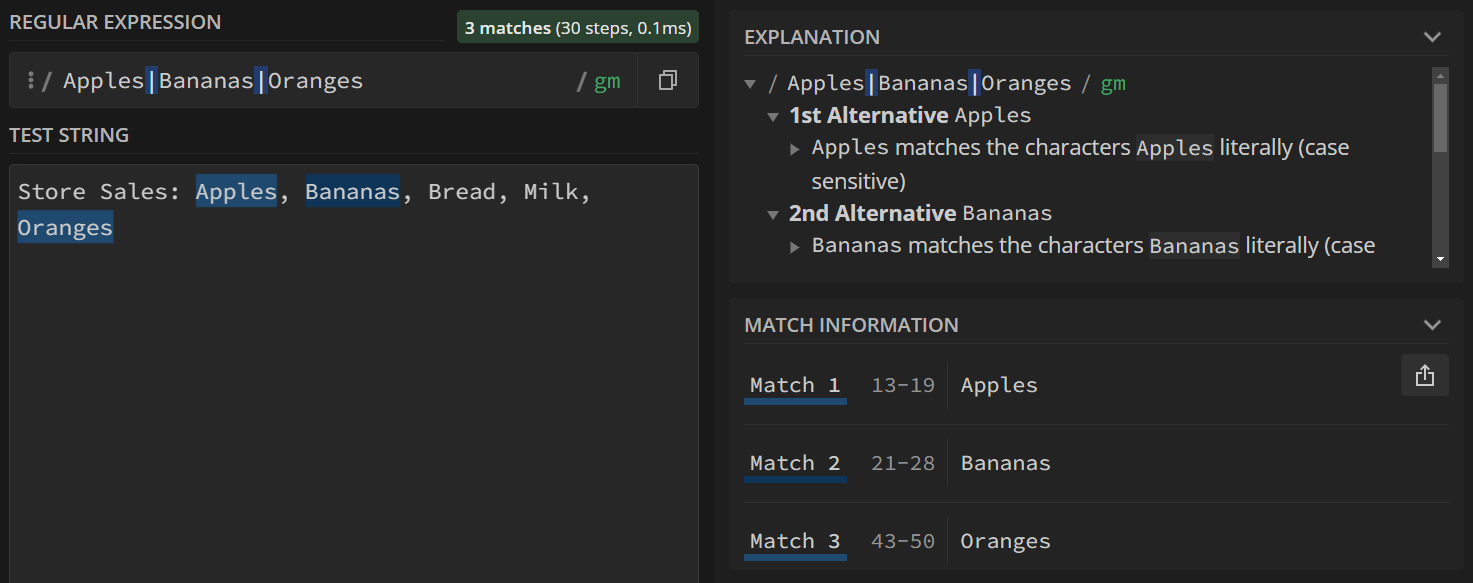 The words 'Apples', 'Bananas', and 'Oranges' are matched.