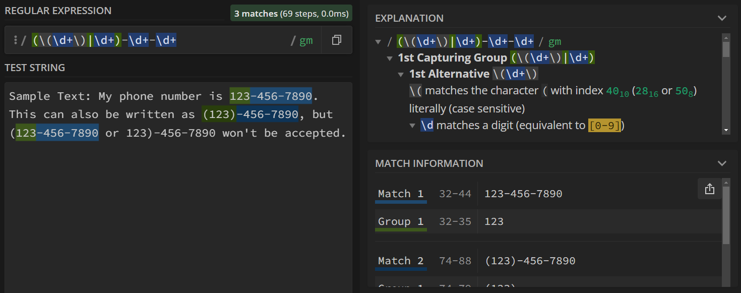 `123-456-7890`, `(123)-456-7890`, and `123-456-7890` from `(123-456-7890` are matched.