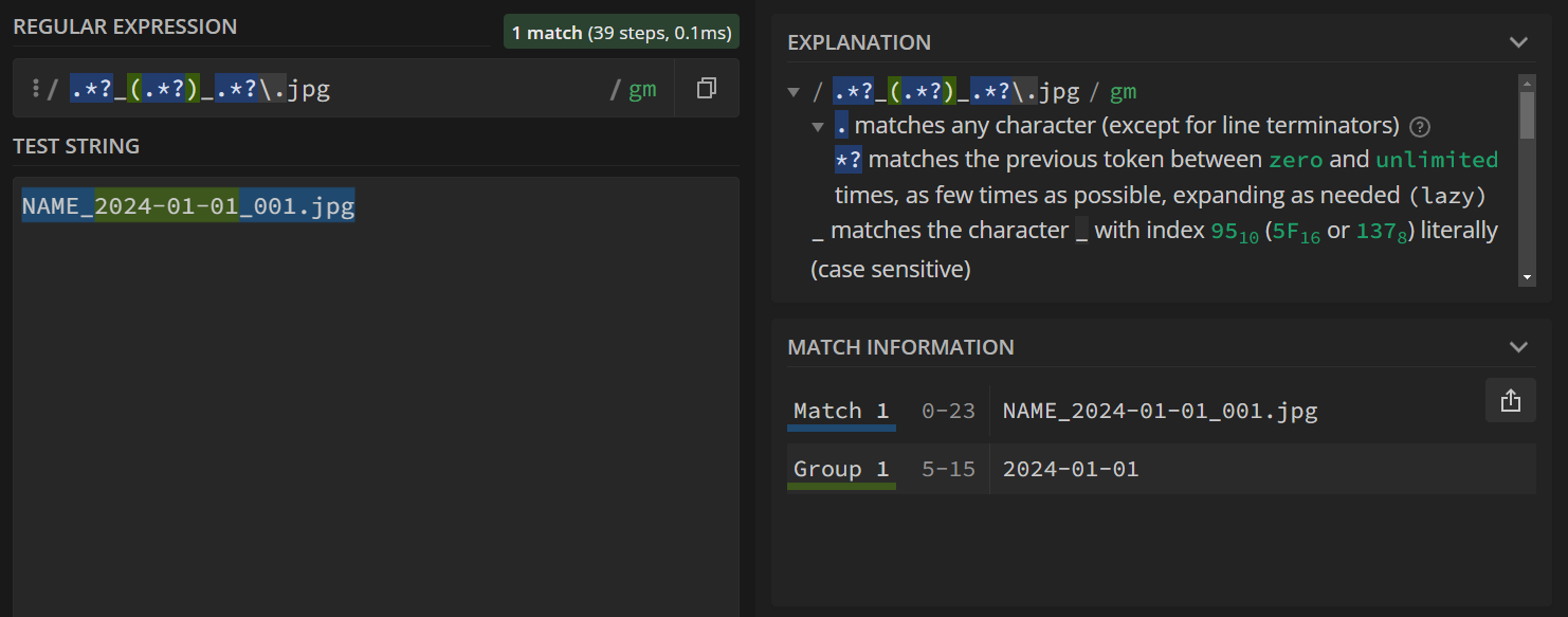 The entire file name is matched, but only '2024-01-01' is captured by the capture group.