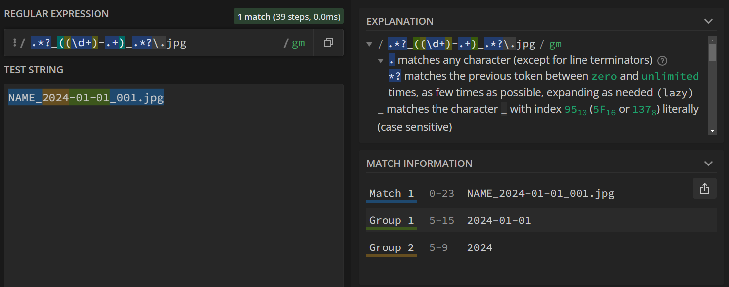 The entire file name is matched, with '2024-01-01' captured in the first capture group, and '2024' caputred in the second capture group.