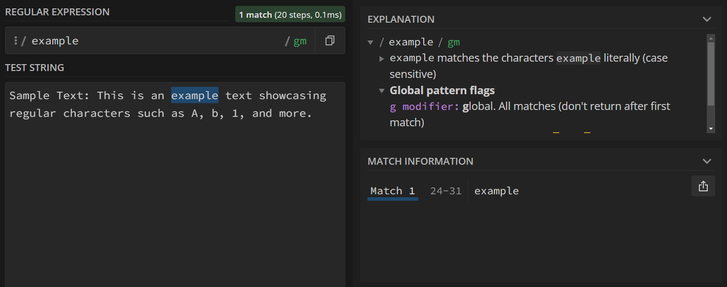 The RegEx101 regular expression, test string, explanation, and matches menu. 'example' was matched on characters 24-31.