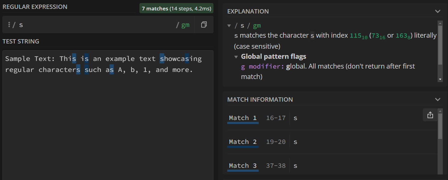 's' was matched several times, from 16-17, 19-20, and 37-38. There are more occurrences that scroll off the page.