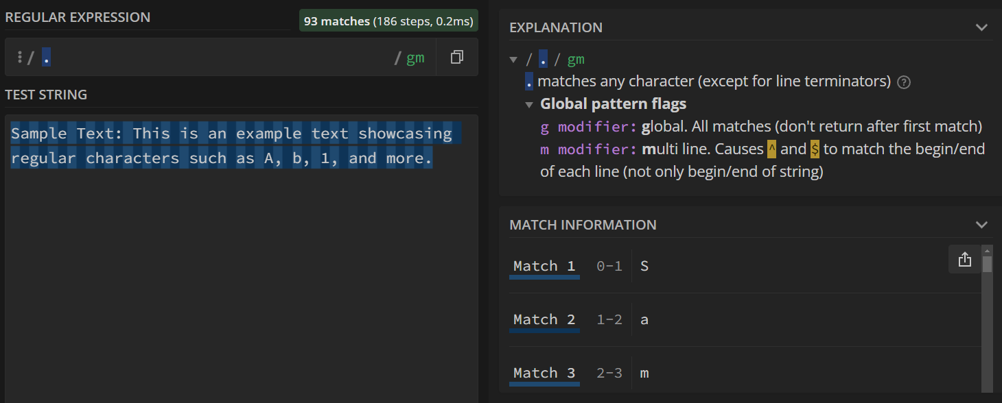 Matches for every letter in the test string are shown.