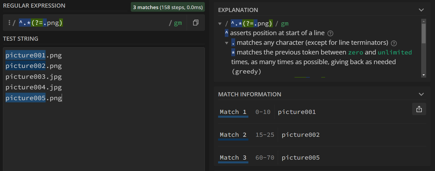 'picture001', 'picture002', and 'picture005' are matched.