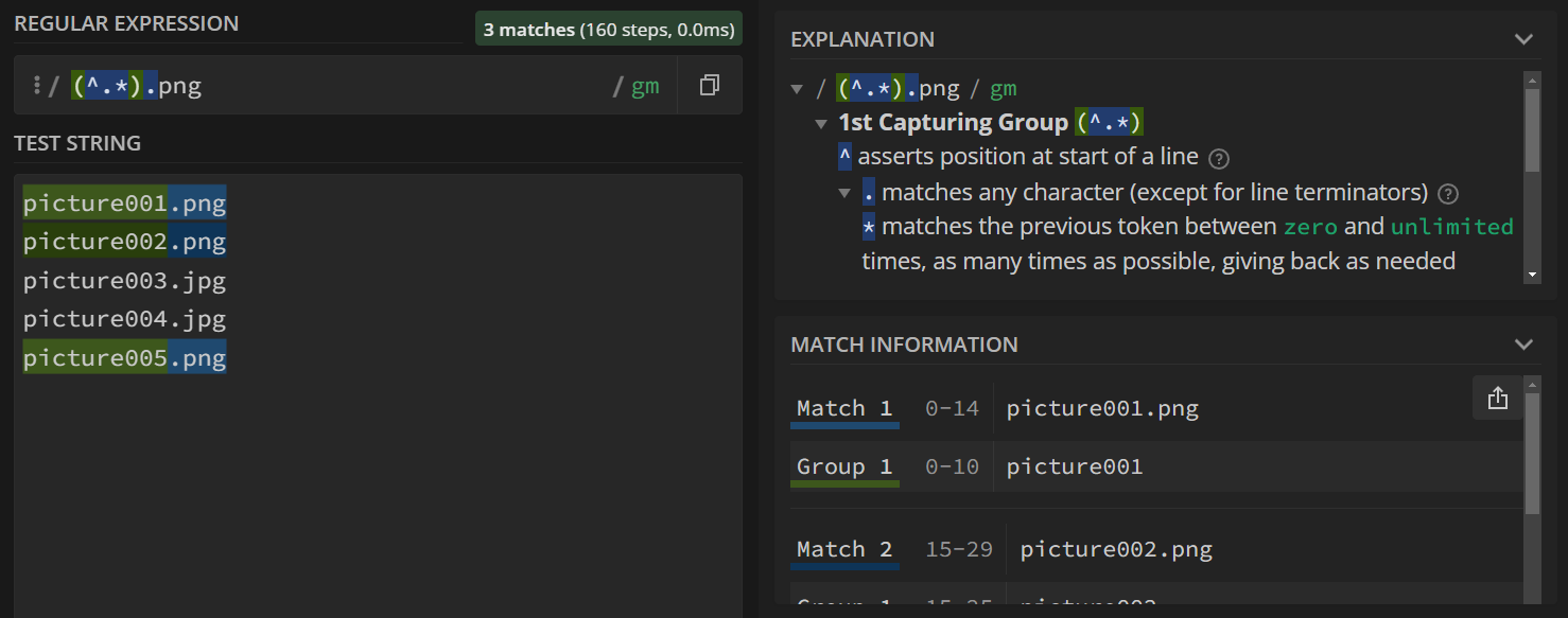 'picture001', 'picture002', and 'picture005' are matched and captured.