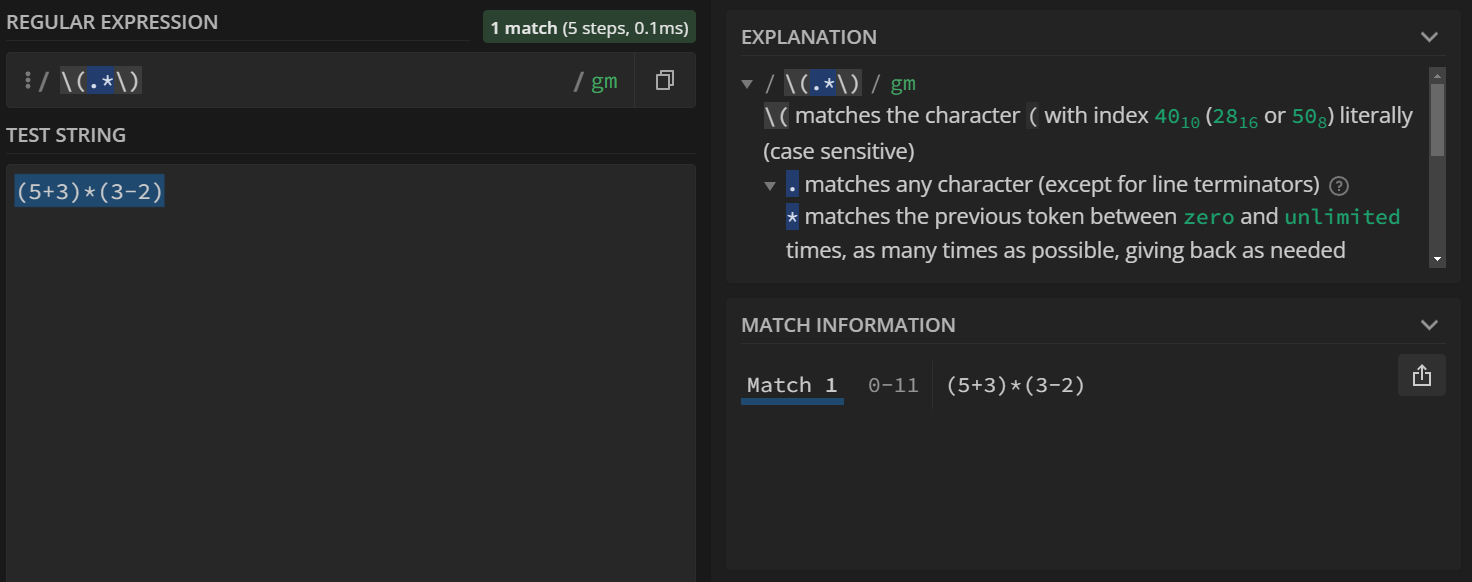 The entire string, '(5+3)*(3-2)' is matched.