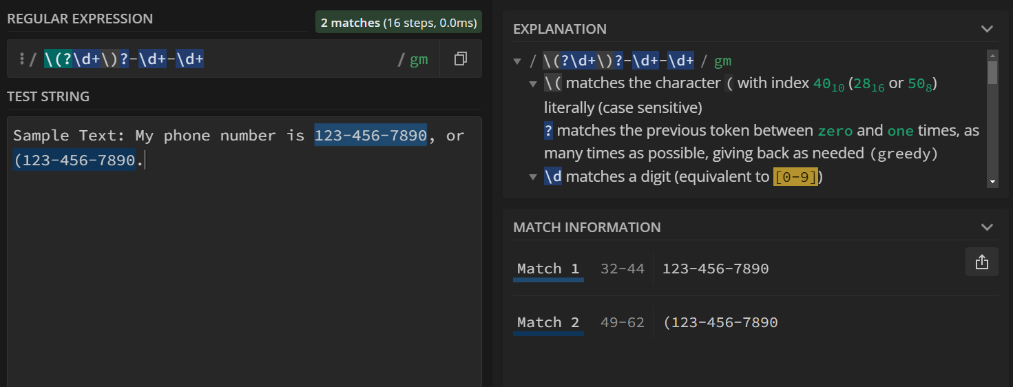 The phone numbers `123-456-7890` and `(123-456-7890` are matched.