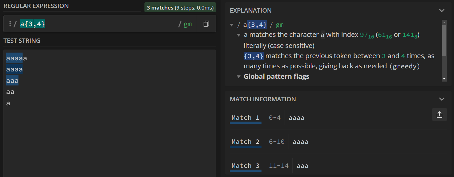 The first four 'a' characters ('aaaa') in the first two lines are matched, and then the first three 'a' characters ('aaa') in the third line is matched.