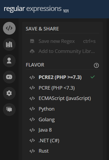 Menu choices for flavor. Choices include PCRE2 (PHP >= 7.3), PCRE (PHP < 7.3), ECMAScript (JavaScript), Python, GoLang, Java 8, .NET (C#), and Rust.