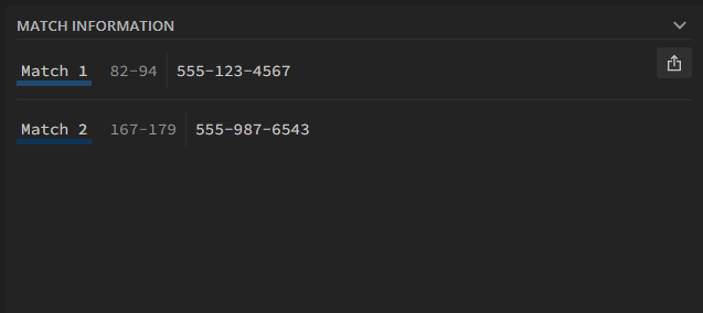 Match information menu. Two matches are shown, 555-123-4567 on characters 82-94 and 555-987-6543 on characters 167-179.