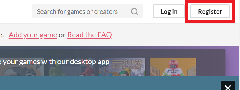 itch.io registration button