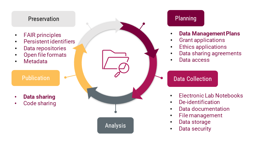 Research data managemetn lifecycle: planning, data collection, analysis, publication, and preservation