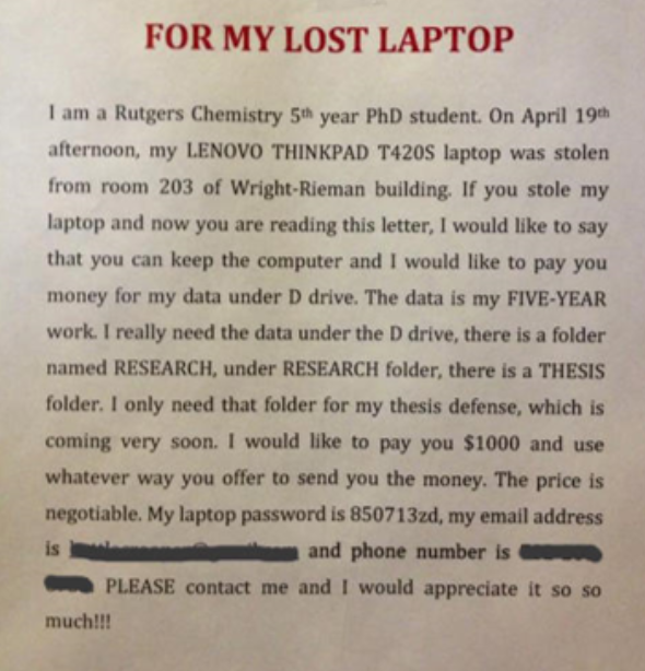 a missing laptop poster -- willing to pay $1000 for lost data 