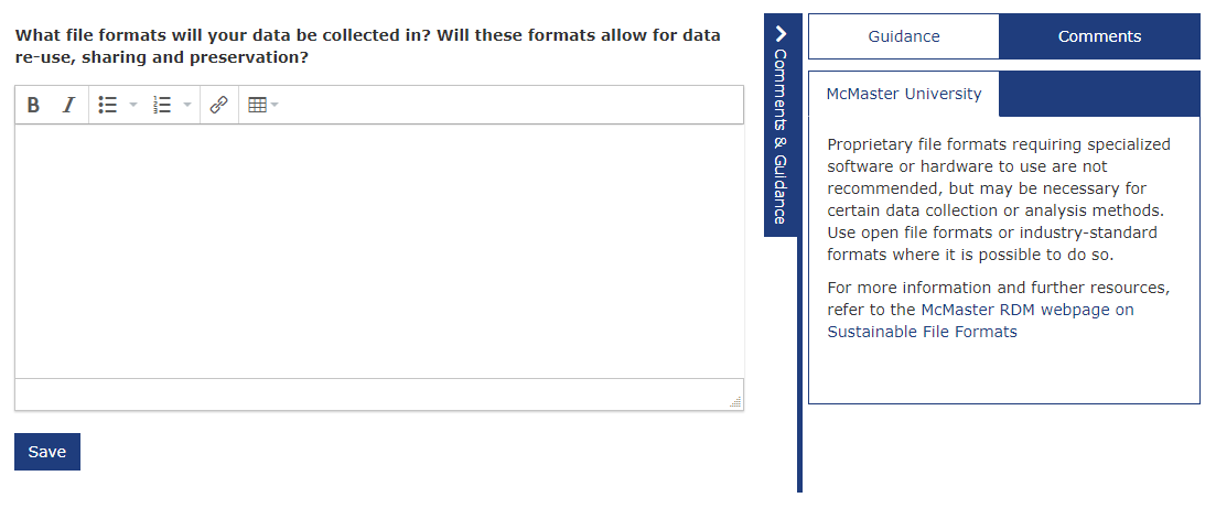 DMP Assistant interface - What file formats will your data be collected in? Will these formats allow for data reuse, sharing, and preservation? Comments and guidance boxes are on the right-hand side