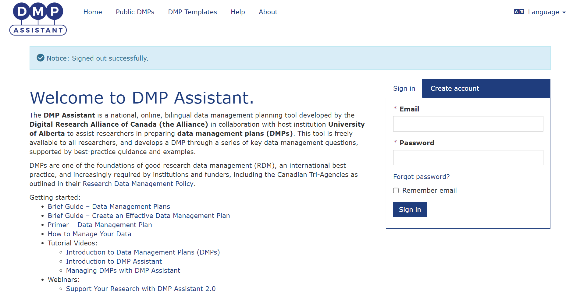 DMP Assistant interface - login screen