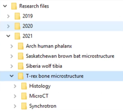 a file system sorted by year, project, then experiment type