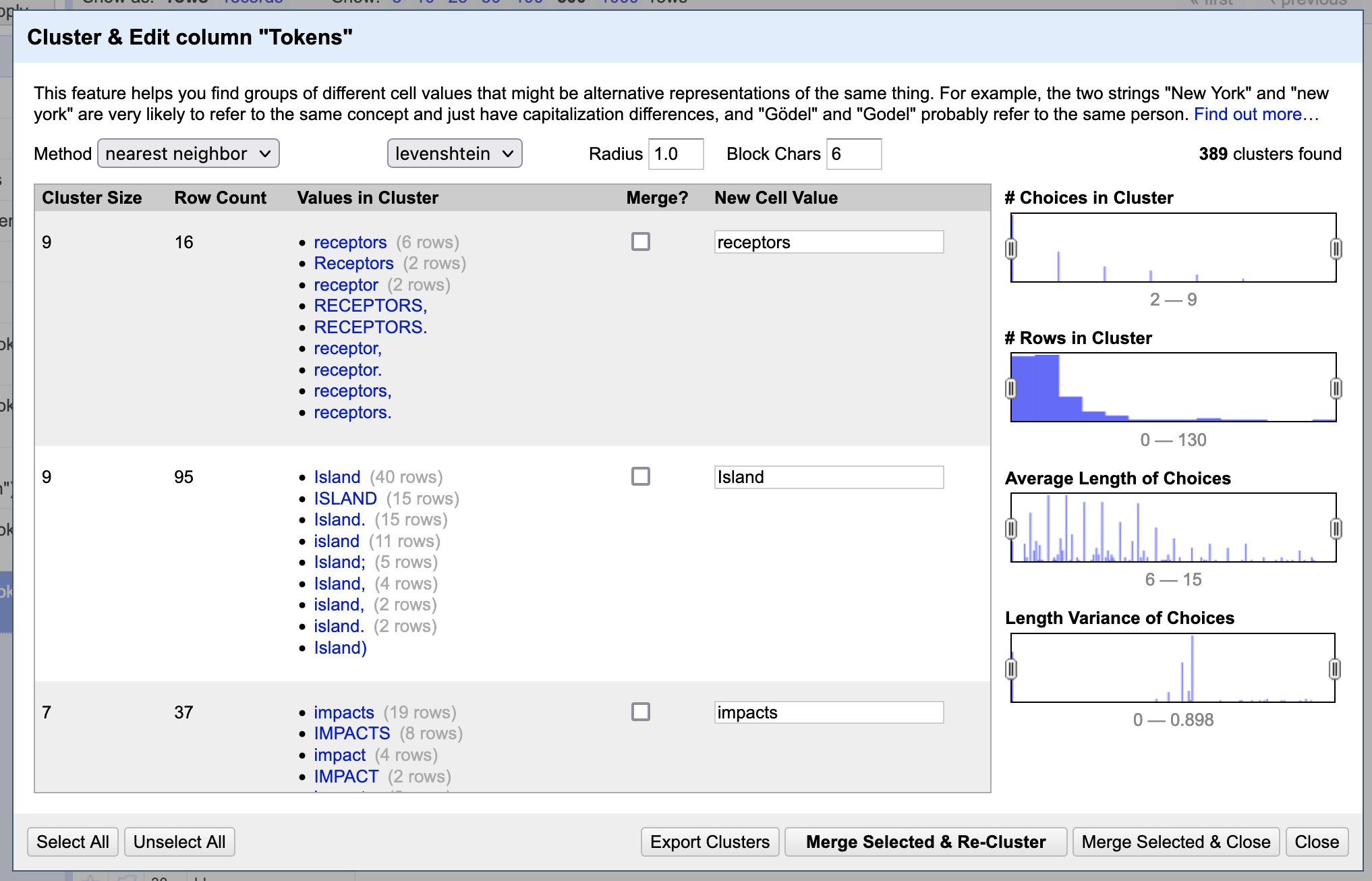 window showing the high sensitivity of word clustering including punctuation and more