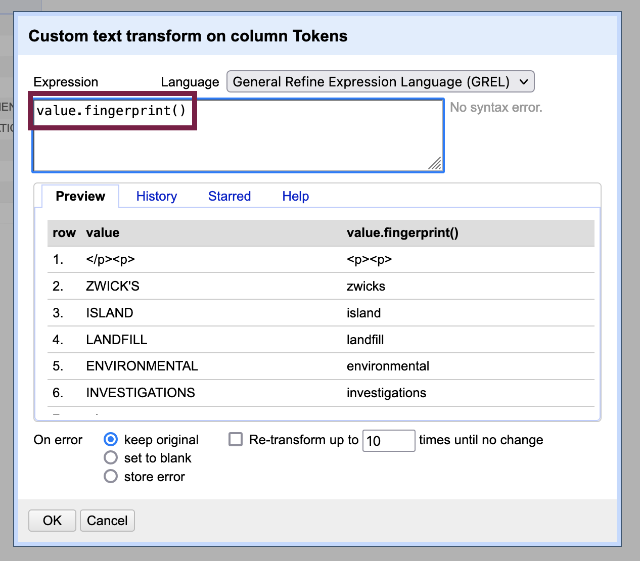 custom text transform window - using the fingerprint function to make all words lowercase