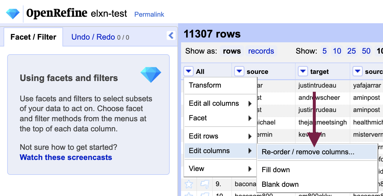 an arrow pointing to the `Re-order / remove columns...` button in OpenRefine