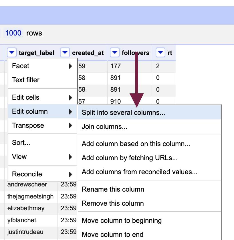 an arrow pointing to the 'split into several columns...` button