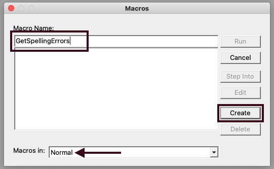 creating a normal macro named 'GetSpellingErrors'