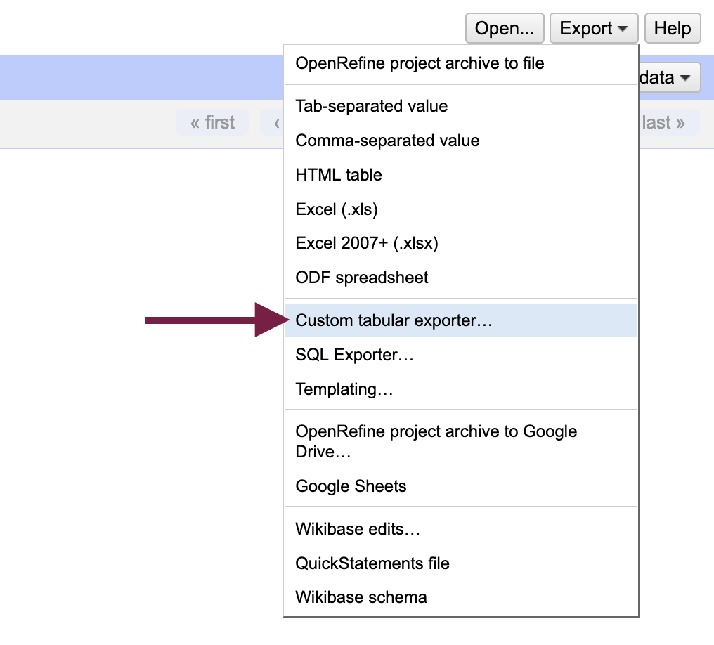 arrows pointing to the 'Custom tabular exporter' button