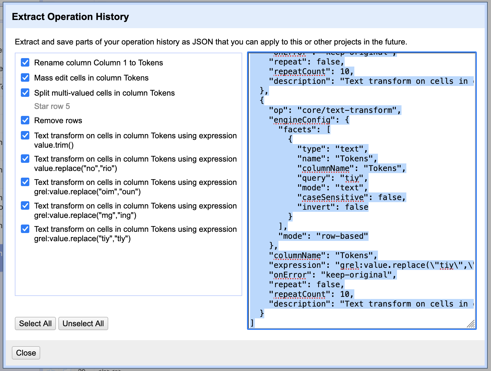 extract operation history window, selecting which operations to export