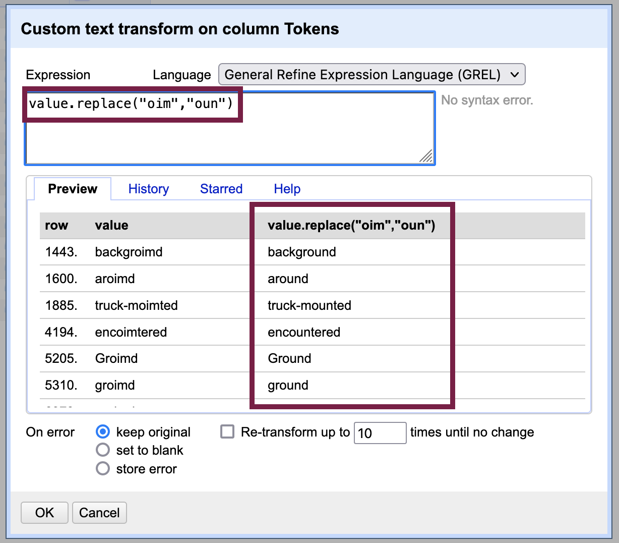 using a function to replace all occurences of text and review the effects using GREL