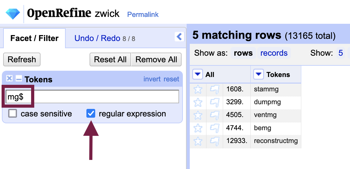 the regular expression checkbox is ticked, and the search bar uses a regular expression for search. no 'mg/L' rows are shown