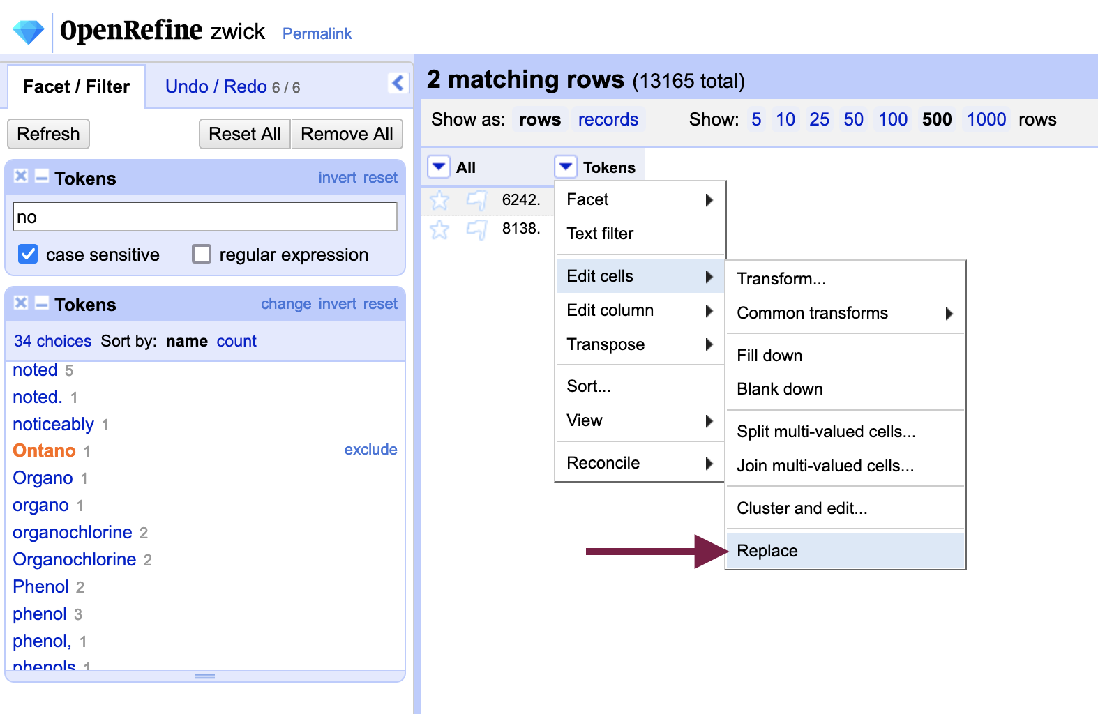 an arrow pointing to the replace button in OpenRefine