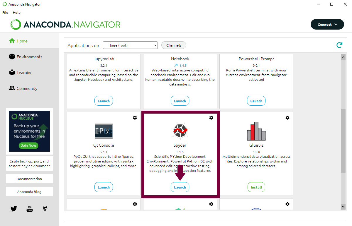 arrow pointing to the install button for the Spyder IDE in Anaconda Navigator