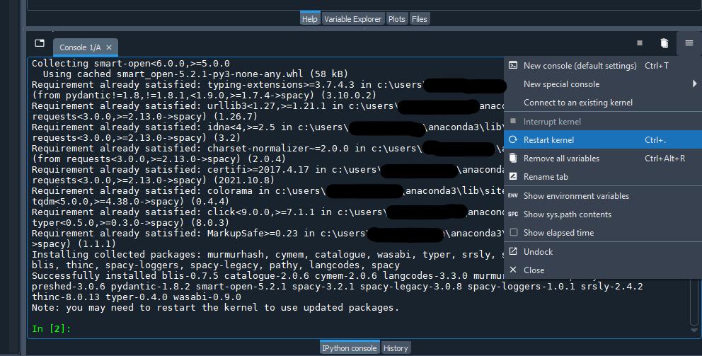 the interactive python console, with an extra menu open showing how to restart the kernel