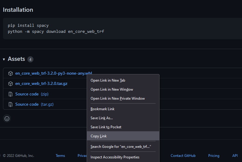 screenshot of GitHub repository for en_core_web_trf showing the 'Copy link' contextual menu command, which is accessed by right clicking on the current .whl file