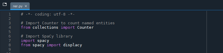 screenshot of where to put the 'from collections import Counter' line of code, above the 'import spacy' line