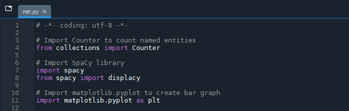 image of code imports, adding the matplotlib library at the end after the spacy import