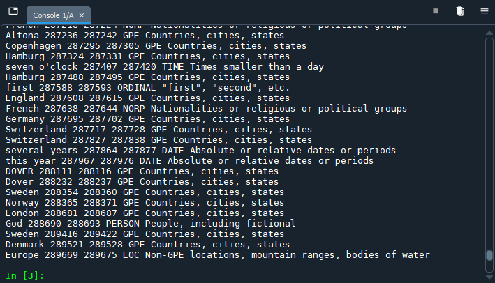 the console outputting the data gathered from NER