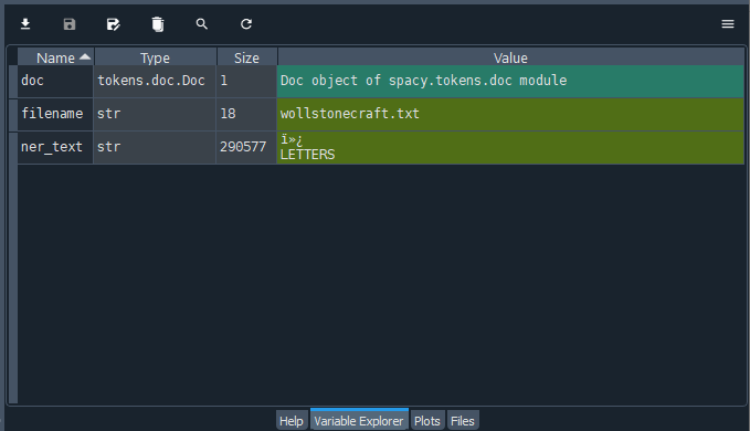 the 'variable explorer' showcasing the doc, filename, and ner_text variables