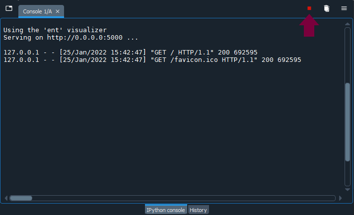 the console with an arrow pointing to the button that stops the localhost server