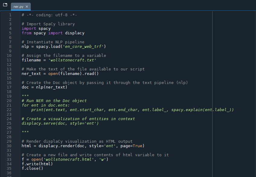 a screenshot of the entire code made so far in the 'ner.py' file