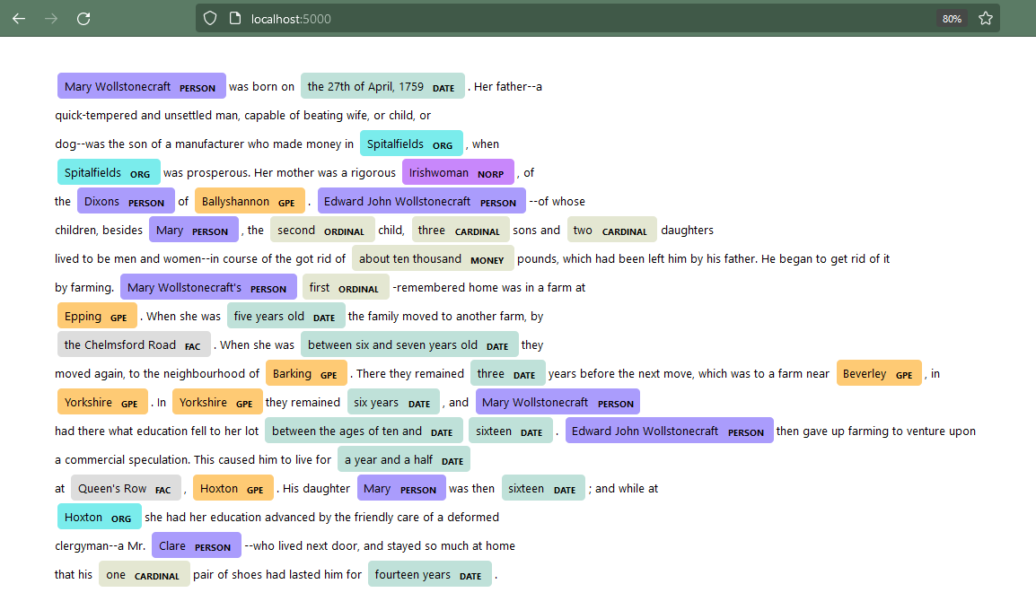 localhost page opened up in a browser, showing the analyzed text with the named entities highlighted and labeled